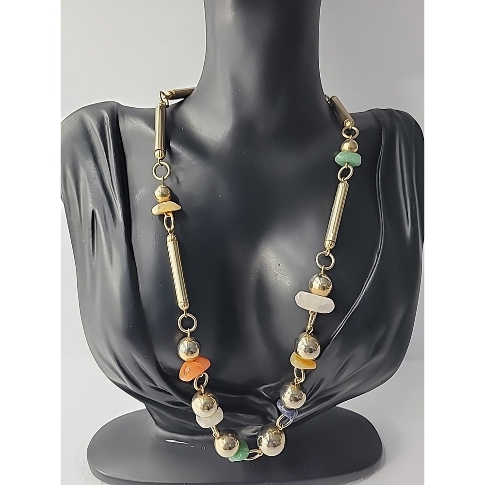 Vintage Gold Tone Beaded Necklace Mixed Stone Chips‎ Bar Link Statement Jewelry